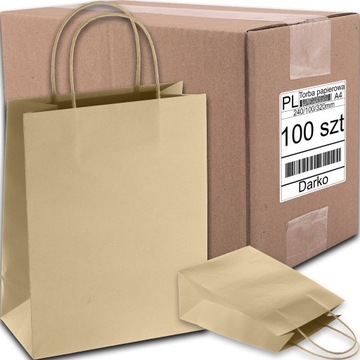TORBA PAPIEROWA BRĄZOWA A4 240/100/320 100 SZT TOREBKA EKO NA PREZENT