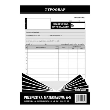 DRUK 01185 PRZEPUSTKA MATERIAŁOWA A5 TYPOGRAF