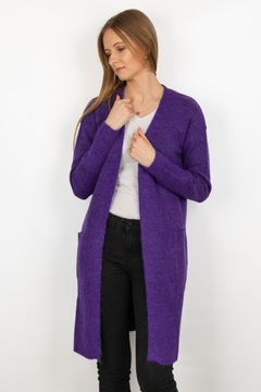 New Look Długi Kobiecy Luźny Jagodowy Sweter Narzutka Kieszenie z Wełną 48