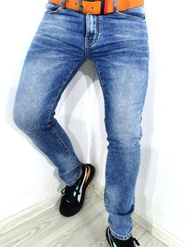 Spodnie męskie jeans niebieskie wycierane pasek GRATIS comfort1 32