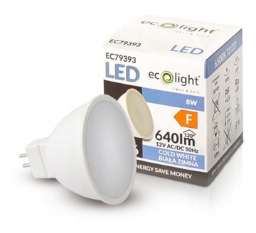 СВЕТОДИОДНАЯ ЛАМПА ДЛЯ ФАР MR16 8Вт 12В ХОЛОДНЫЙ БЕЛЫЙ ECOLIGHT EC79393
