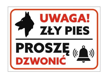 UWAGA ZŁY PIES PROSZĘ DZWONIĆ TABLICZKA OSTRZEGAWCZA ZNAK 20x14 cm