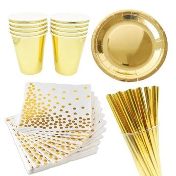 ZESTAW TALERZE KUBKI SERWETKI SŁOMKI GOLD ZŁOTO