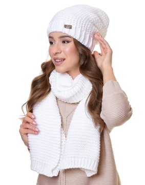 Ciepły zimowy komplet damski czapka beanie i szal zimowy