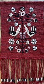 Makatka wełna z frędzlami SUMAK ptaki kwiaty Cepelia ? PRL 115 cm x 63 cm