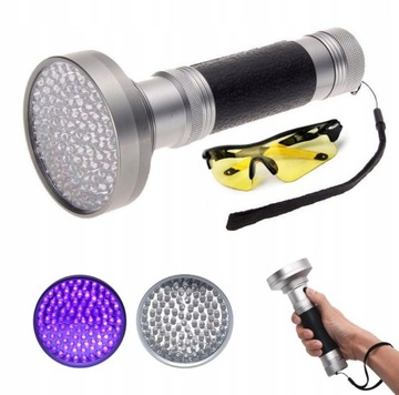 UV LATARKA 100LED REFLEKTOR ŚWIATŁO+OKULARY