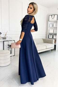 AMBER elegantné čipkované dlhé šaty s výstrihom - TMAVO MODRÁ - XXL