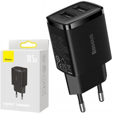КОМПАКТНОЕ СЕТЕВОЕ ЗАРЯДНОЕ УСТРОЙСТВО BASEUS 2X USB 10,5 ВТ, ЧЕРНОЕ