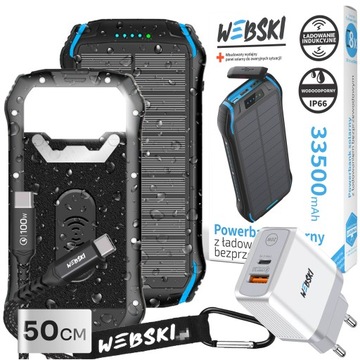 POWERBANK SOLARNY WODOODPORNY Z INDUKCJĄ ŁADOWARKA KABEL LATARKA 33500mAh