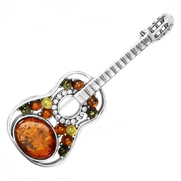 BROSZKA GITARA cyrkonie z BURSZTYNEM srebro 925