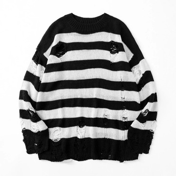 Hip Hop Black Red Striped Sweaters Washed Destroye