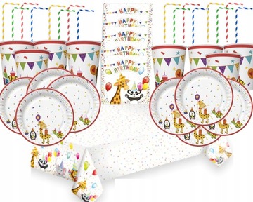 ZESTAW URODZINOWY OBRUS TALERZYKI KUBECZKI ZWIERZĄTKA ZOO