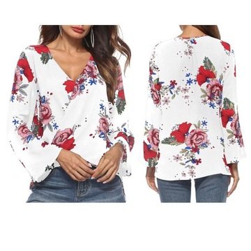 Damska bluzka z dekoltem w szpic i dzwoneczkami XL w kwiaty, biała