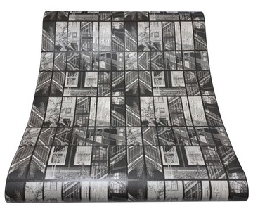 TAPETA SZEROKA ROLKA MIASTO GEOMETRYCZNY WZÓR MOZAIKA SZARA CZARNA J&V 4301