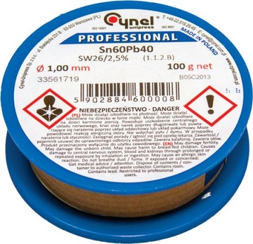 Cyna do lutowania Sn60Pb40 SW26 1,0mm 100g Cynel