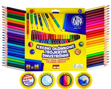 KREDKI OŁÓWKOWE TRÓJKĄTNE DWUSTRONNE 24/48 KOLORÓW Z TEMPERÓWKĄ ASTRA