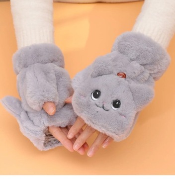 Winter Cat Rabbit Mittens Fingerless Gloves Thick Soft Plush Winter Warm