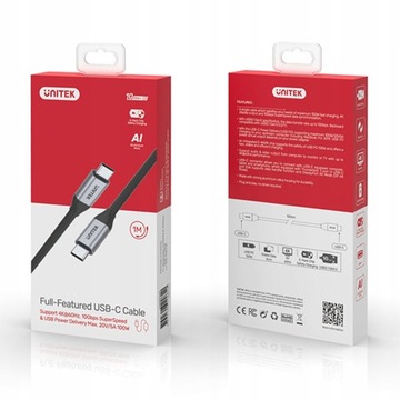 Кабель Unitek USB-C — USB-C, 10 Гбит/с, 4K, 60 Гц, 20 В/5 А, 100 Вт