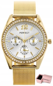 ZEGAREK DAMSKI PERFECT ADELLE +BOX +GRAWER cyrkonie mesh złoty