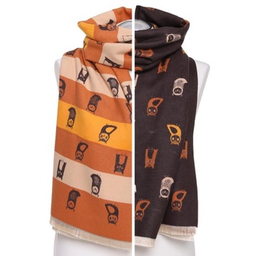 Dwustronny SZAL DAMSKI Z Modnymi Frędzlami Sowy MORAJ Szalik Na Jesień Zimę