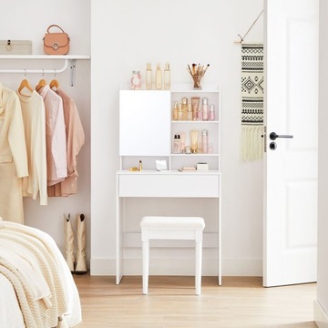 Современный белый туалетный столик с зеркалом и полками.