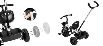 Трехколесный велосипед, толкатель, сидение, ремни безопасности, корзина