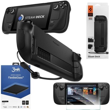 Etui SPIGEN Rugged + SZKŁO 3mk Flex do STEAM DECK