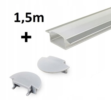 Profil LED aluminiowy WPUSZCZANY do taśm led + KLOSZ + ZAŚLEPKI srebro 1,5m
