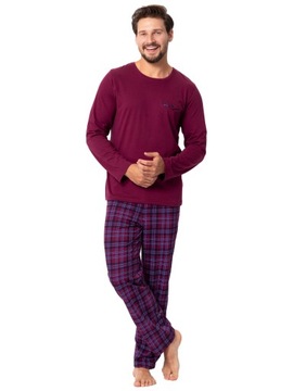 Bordowa długa piżama męska ze spodniami w kratę Hotberg EMILIO M