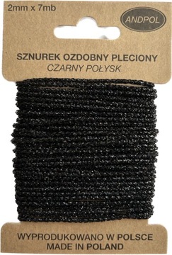 Sznurek ozdobny pleciony czarny połysk 7mb