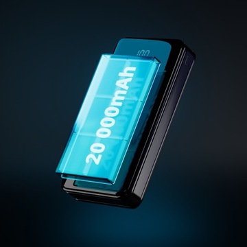 POWERBANK 20000 мАч, черный, удобный, 2,1 А + светодиодный фонарик, 2x USB micro+C, мощный