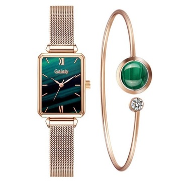 Luxury Retangle Watch Bangle Set Women's Gold Color Alloy Wristwatch