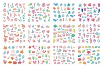 Акварельные наклейки для ногтей 12 дизайнов морские ракушки летние рифы