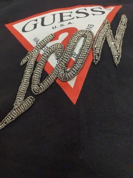 GUESS Icon bluza bawełniana cyrkonie z kapturem czarna damska logo L
