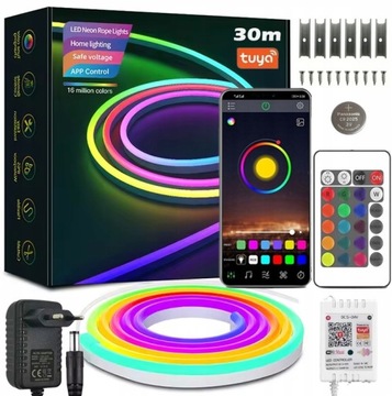 TAŚMA LED NEON 30M RGB (2x15)APLIKACJA WIFI TUYA PILOT IP67 24V WODOODPORNA