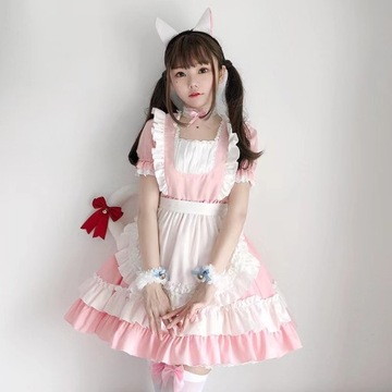 STRÓJ KOSTIUM PRZEBRANIE różowy kot pokojówki loli