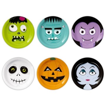 Talerzyki jednorazowe papierowe na Halloween mix wzorów potwory 6 szt 18 cm