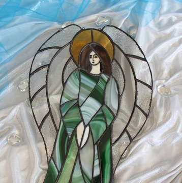 Витраж Ангел-хранитель Тиффани зеленый большой