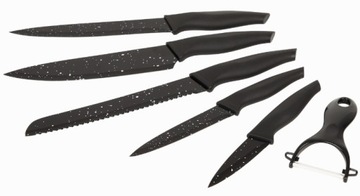 ZESTAW 5 NOŻY KUCHENNYCH NOŻE KUCHENNE OSTRE CZARNE NON STICK + OBIERACZKA