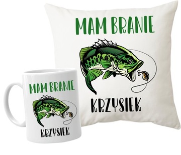 Poduszka + Kubek WĘDKARZA z imieniem Mam Branie