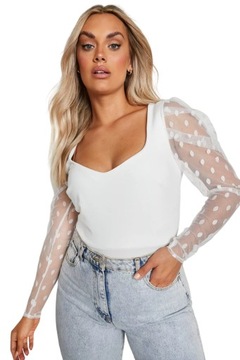 BOOHOO BLUZKA BODY DAMSKA Z SZYFONOWYM RĘKAWEM IVORY FIGI PLUS SIZE 50