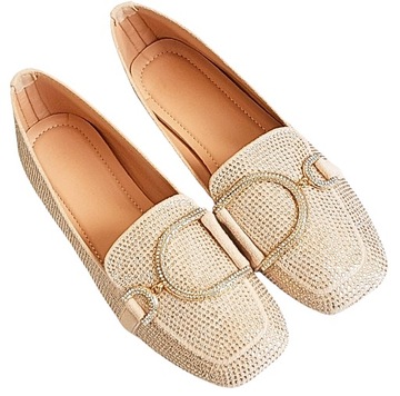 Złote Buty Baleriny Loafersy Mokasyny Cyrkonie Ozdobne Klamerki 41
