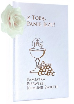 KSIĄŻECZKA MODLITEWNIK KOMUNIA + RÓŻANIEC PEREŁKA + PUDEŁECZKO + ŚWIECA MK