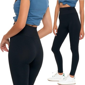 Legginsy Prążkowane Damskie z Wysokim Stanem Modne Fit Getry MORAJ S/M