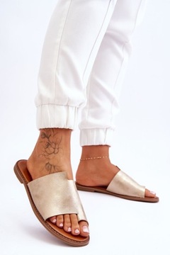 ШЛЕПАНЦЫ ЖЕНСКИЕ МОДНЫЕ, КОЖА, СВЕТЛО-ЗОЛОТО 38