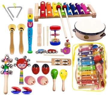 INSTRUMENTY DREWNIANE CYMBAŁKI TORBA FLET XL ZESTAW INSTRUMENTÓW DLA DZIECI