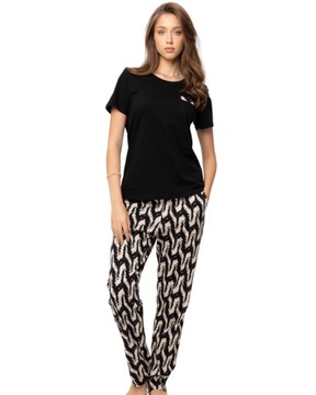 Piżama damska długa komplet koszulka + długie spodnie czarna L