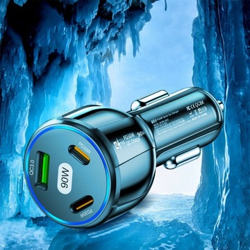 БЫСТРОЕ АВТОМОБИЛЬНОЕ ЗАРЯДНОЕ УСТРОЙСТВО 2xUSB-C C PD 30 Вт + USB QC 3.0 СИД МОЩНЫЙ ЧЕРНЫЙ