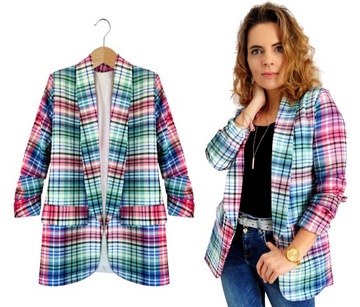 MARYNARKA drapowane rękawy ŻAKIET SOFIA w kratkę odcień Green 5XL/6XL