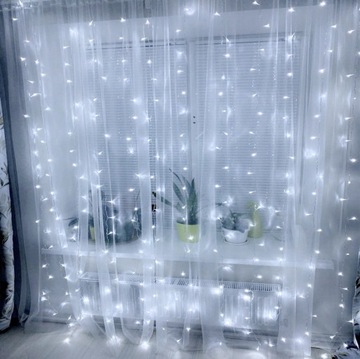 KURTYNA ŚWIETLNA LAMPKI 300 LED 3x3m SOPLE WISZĄCE GIRLANDA DRUCIKI BIAŁY